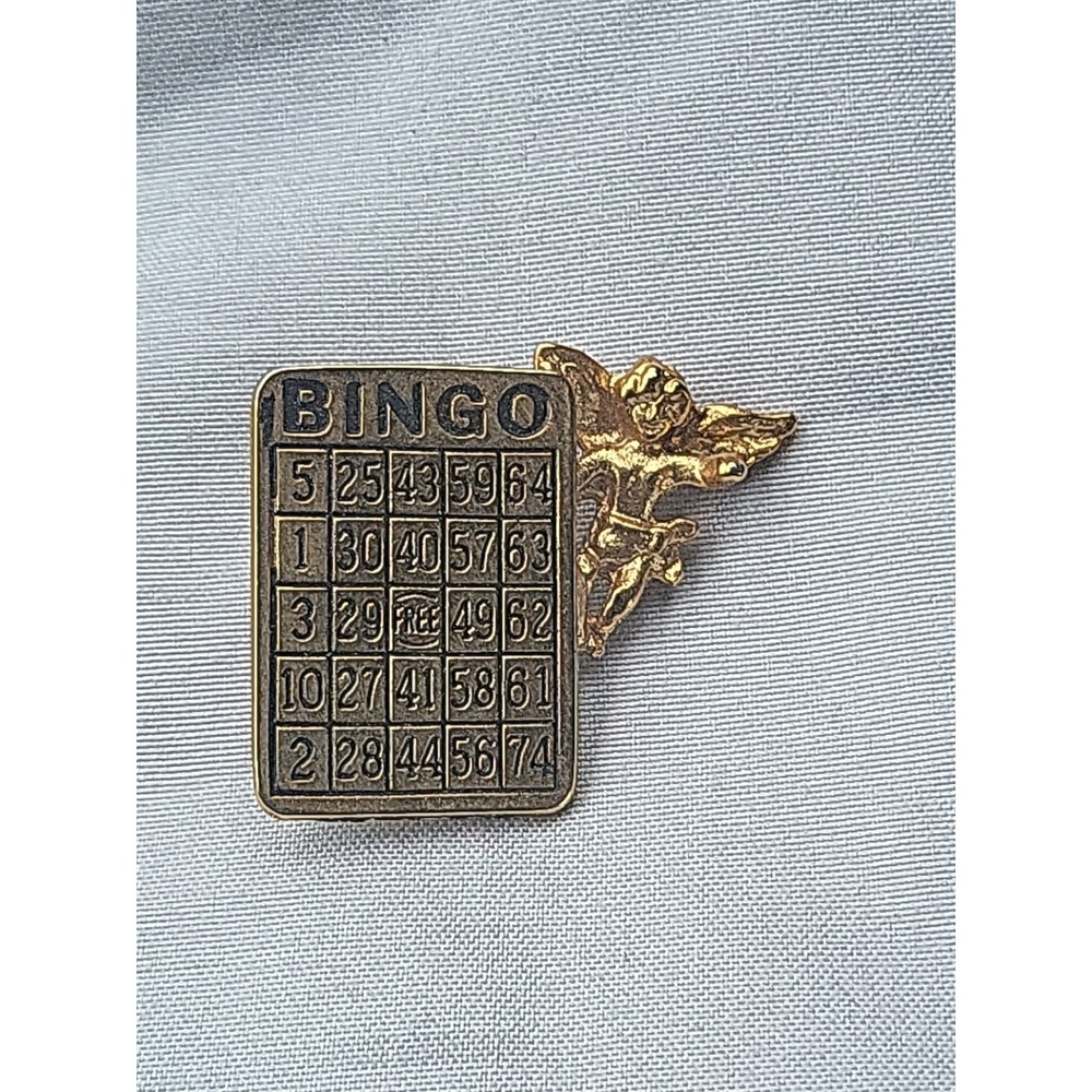 BINGO Card‎ Angel Lapel Pin Brooch Gold Tone Metal Pinback Signed Vintage